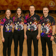 Load image into Gallery viewer, Bowling team wearing matching blue and red drunk bowling balls and pins jerseys front view.