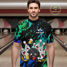Load image into Gallery viewer, Man wearing blue and turquoise drunk bowling balls bowling quarter zip shirt front view.