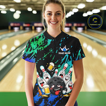Load image into Gallery viewer, Woman wearing blue and turquoise drunk bowling balls bowling quarter zip shirt front view.