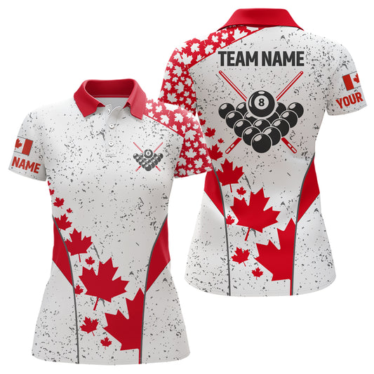 Personalized Grunge Canadian Flag Billiard Polo Shirts For Women, Patriotic 8 Ball Billiard Jerseys TDM0669