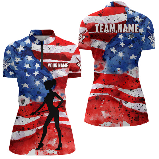 Personalized USA Flag Billiard Player Women Quarter-Zip Shirt, American Flag Billiard Shirts TDM1035