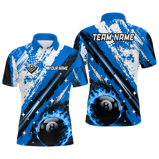 Personalized Billiard 8 Ball Pool Grunge Style Men Polo Shirts, Best Billiard Jerseys |Blue TDM1041