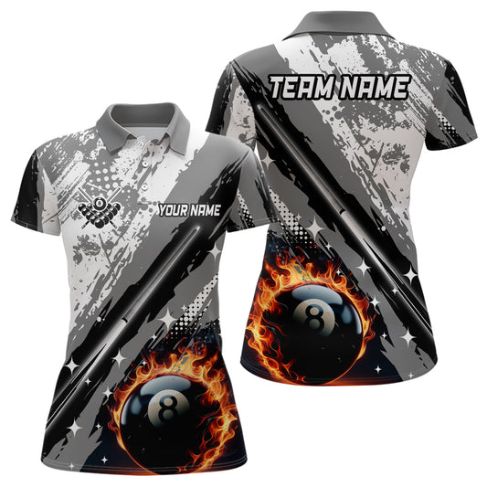 Personalized Billiard 8 Ball Pool Grunge Style Women Polo Shirts, Best Billiard Jerseys |Grey TDM1042