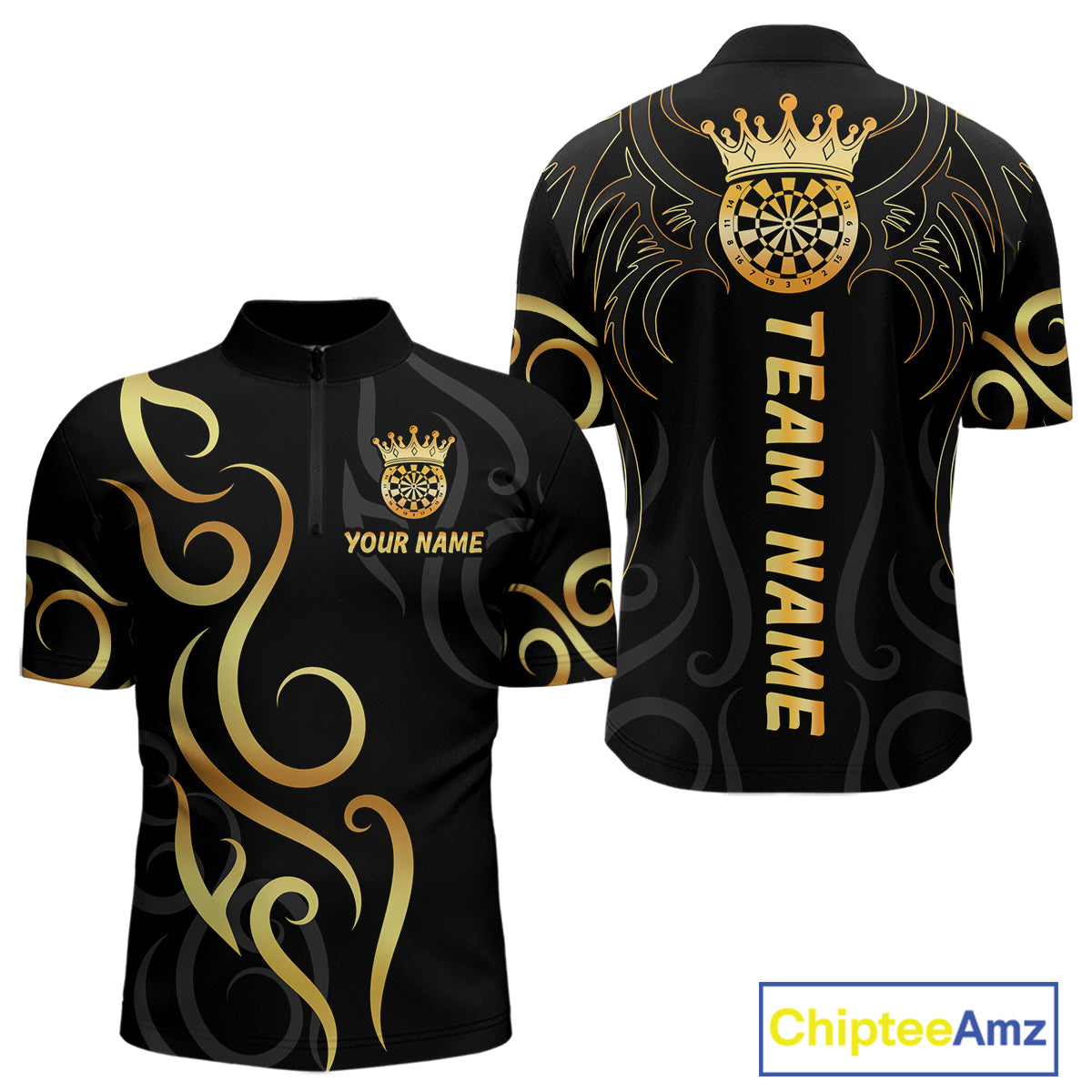 Black And Glowing Gold Dartboard Crown Tribal Darts Shirt For Men Custom Darts Team Jersey TDM4727