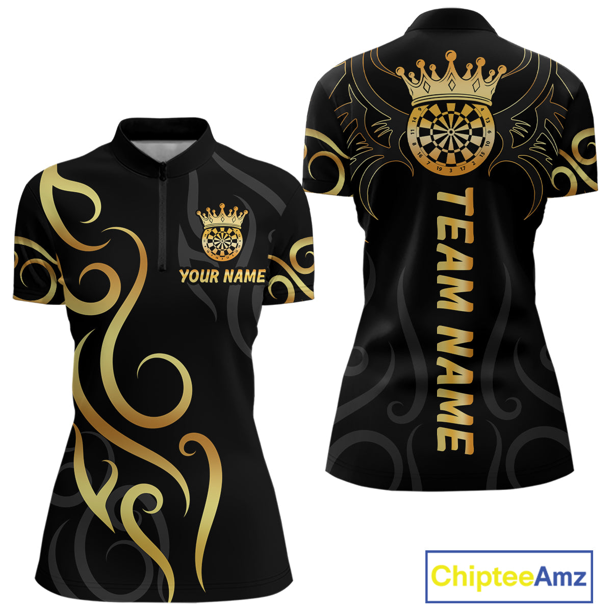 Black And Glowing Gold Dartboard Crown Tribal Darts Shirt For Women Custom Darts Team Jersey TDM4727