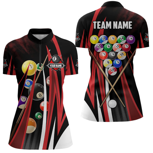 Personalized Red 3D Billiard Balls Women Quarter-Zip Shirts, Pool League Billiard Jerseys TDM0680