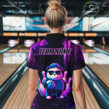 Load image into Gallery viewer, Woman wearing a neon panda bowling quarter zip jersey during bowling league play front view.