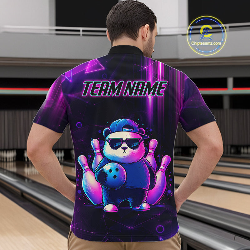 Back view of man wearing a neon panda bowling quarter zip shirt in a bowling alley.