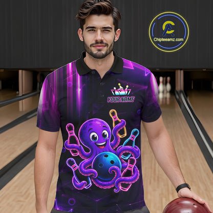 Man wearing a neon octopus bowling polo shirt at a bowling alley front view.
