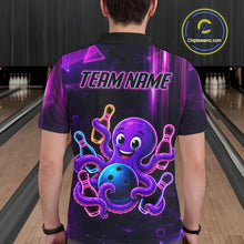Load image into Gallery viewer, Back view of man wearing a neon octopus bowling polo shirt inside a bowling alley.