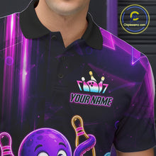 Load image into Gallery viewer, Close-up of a neon octopus bowling polo shirt collar, buttons, and colorful artwork.