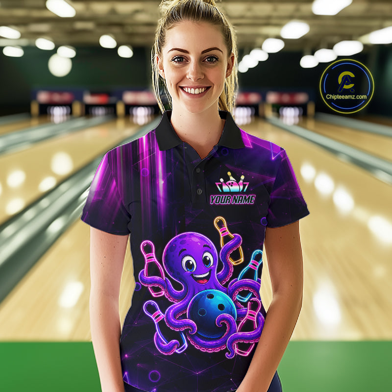 Woman wearing a neon octopus bowling polo shirt at a bowling alley front view.