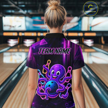 Load image into Gallery viewer, Back view of woman wearing a neon octopus bowling polo shirt inside a bowling alley.