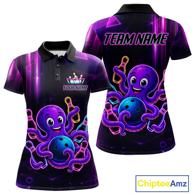 Colorful neon octopus bowling polo shirt for women with fun custom bowling team graphics.