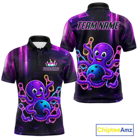 Colorful neon octopus bowling polo shirt for men with fun custom bowling team graphics.