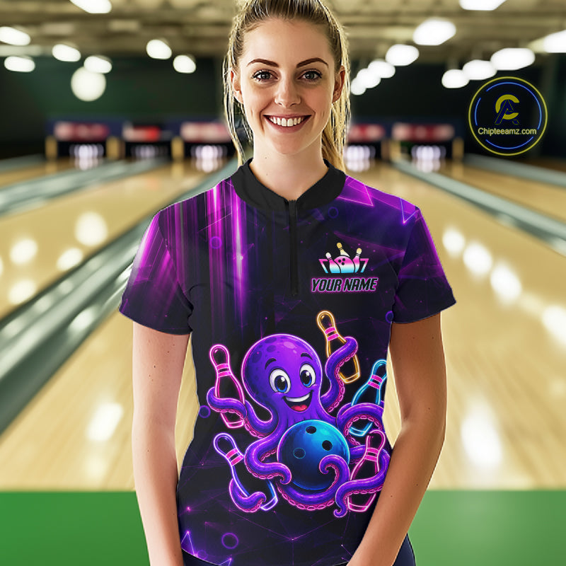 Woman wearing a neon octopus bowling quarter zip jersey during league competition front view.