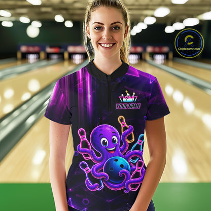 Woman wearing a neon octopus bowling quarter zip jersey during league competition front view.