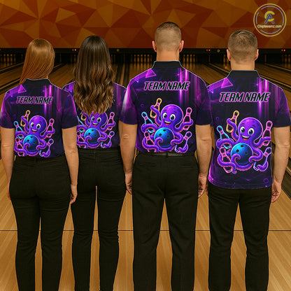 Back view of bowling team wearing matching neon octopus bowling shirts in a bowling alley.