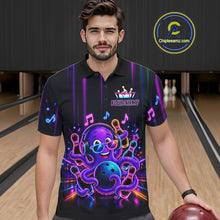 Load image into Gallery viewer, Man wearing a neon octopus music bowling polo shirt at a bowling alley front view.