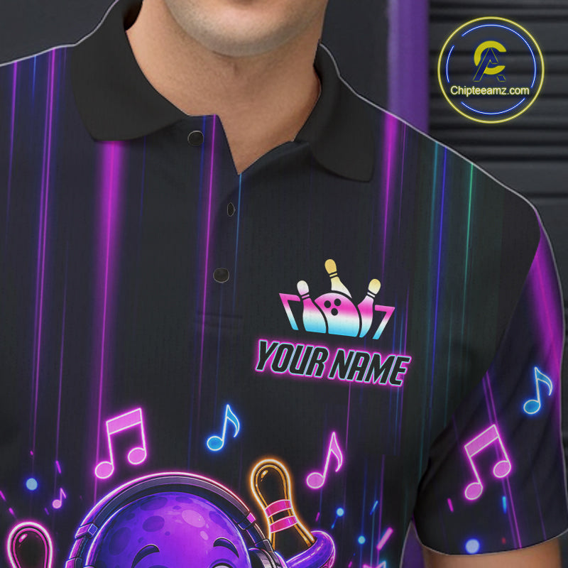 Close-up of a neon octopus bowling polo shirt collar, buttons, and colorful music-themed artwork.