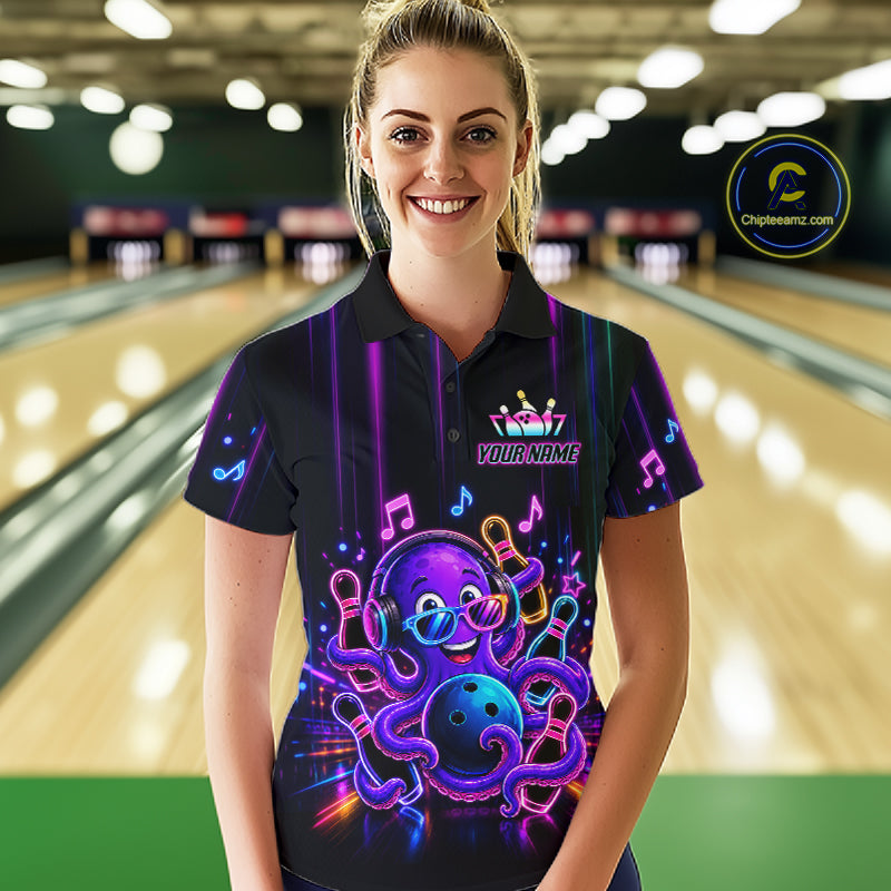 Woman wearing a neon octopus music bowling polo shirt at a bowling alley front view.