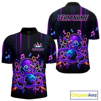 Neon octopus music bowling quarter zip shirt for men designed for league nights and tournaments.