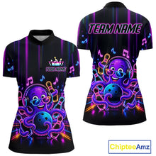 Load image into Gallery viewer, Neon octopus music bowling quarter zip shirt for women designed for league nights and tournaments.