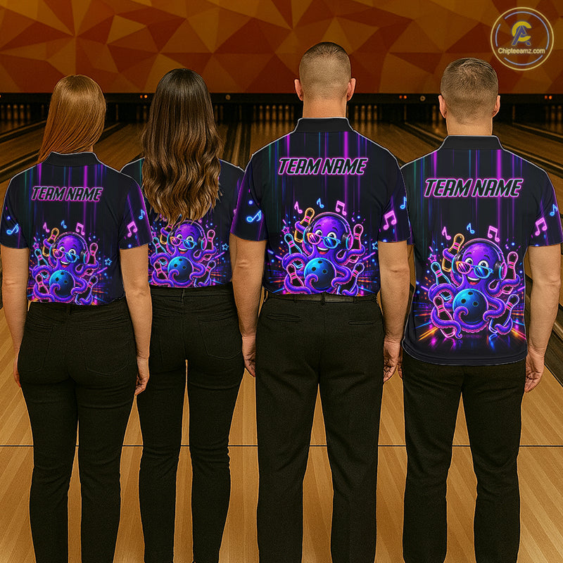 Back view of bowling team wearing matching neon octopus bowling shirts in a bowling alley.