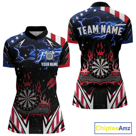 Personalized Thunder Lightning American Flag Darts Shirt For Women, Patriotic Darts League Jersey TDM4504