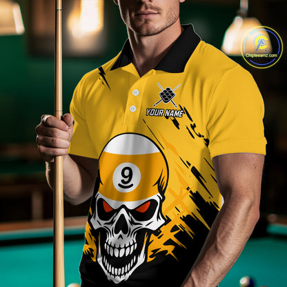 Personalized Yellow Black 9 Ball Skull Billiard Jersey For Men Custom Funny 9 Ball Pool Team Shirt TDM4732