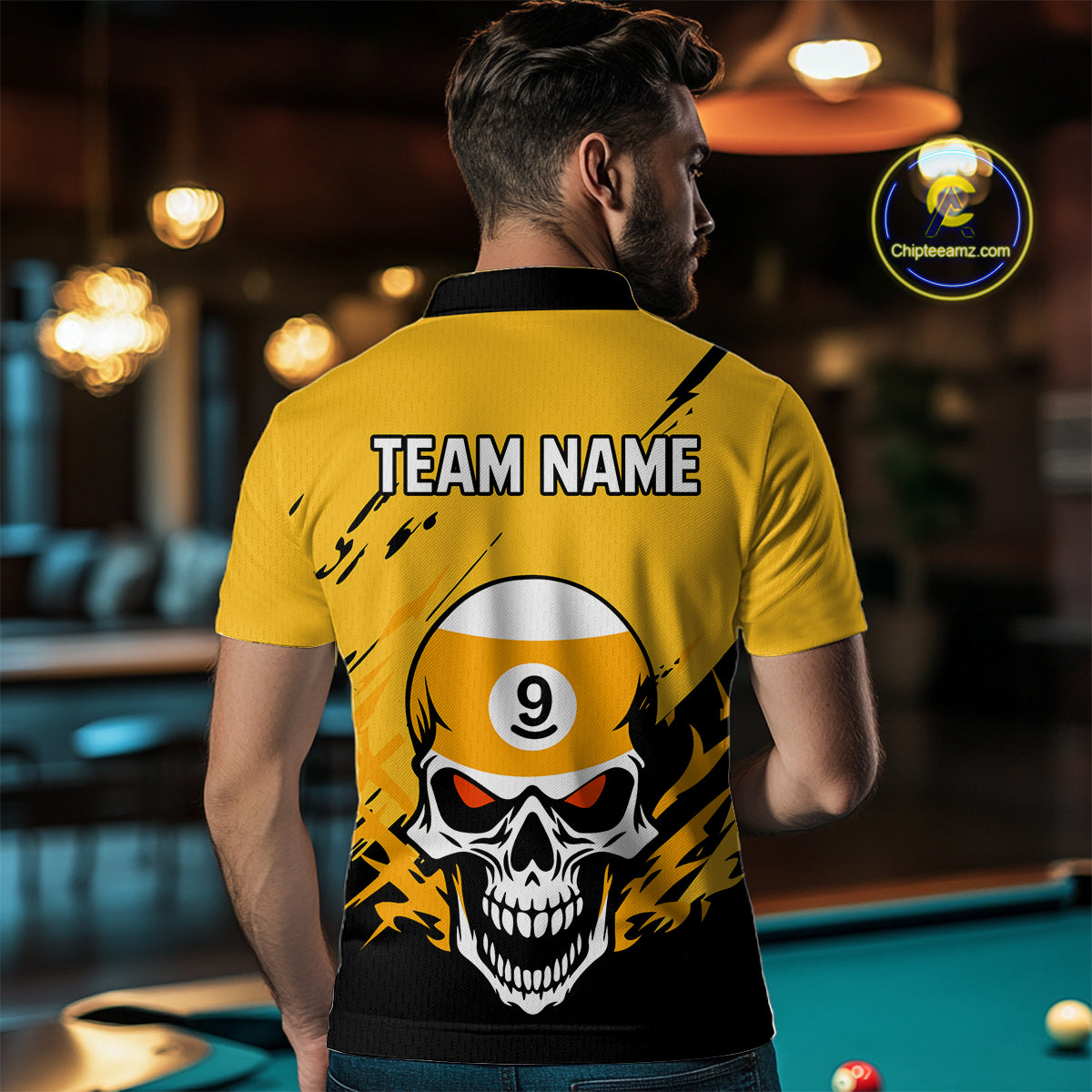 Personalized Yellow Black 9 Ball Skull Billiard Jersey For Men Custom Funny 9 Ball Pool Team Shirt TDM4732