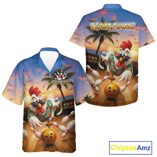Funny Tropical Rooster Chicken Bowling Hawaiian Shirt For Men Women Custom Vintage Bowling Jersey TDM6475