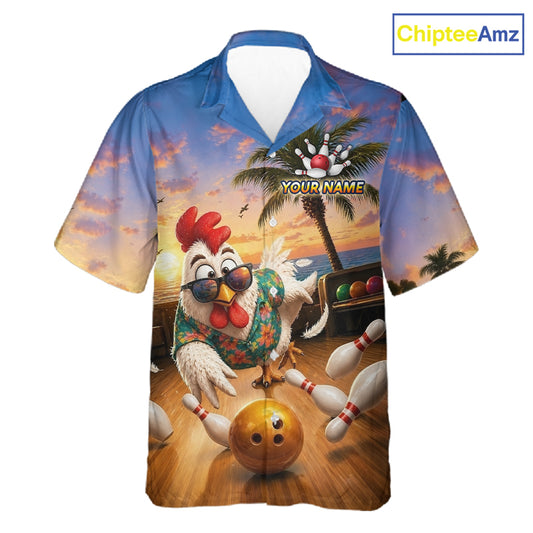 Funny Tropical Rooster Chicken Bowling Hawaiian Shirt For Men Women Custom Vintage Bowling Jersey TDM6475