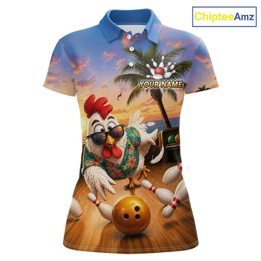 Funny Tropical Rooster Chicken Bowling Shirt For Women Custom Vintage Bowling Jersey Polo & 1/4 Zip TDM6475