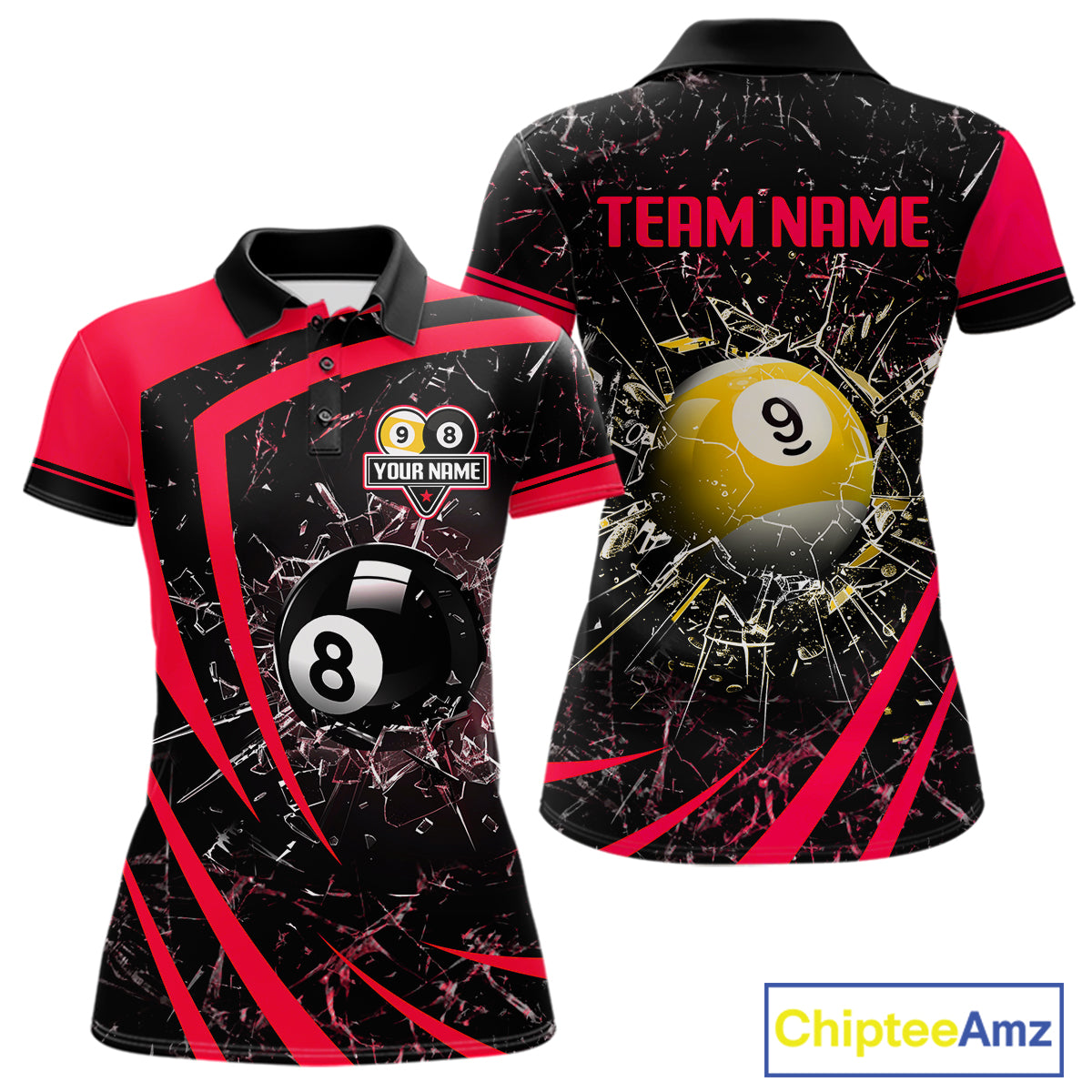 Black And Red 8 Ball & 9 Ball Glass Break Billiard Shirt For Women Custom Pool Team Jersey Uniform TDM5642