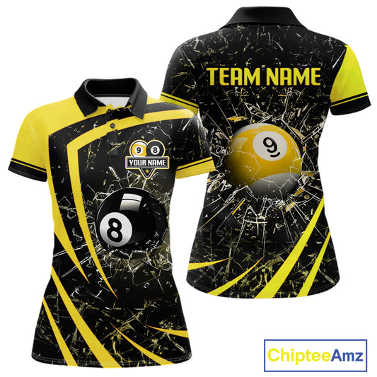 Black And Yellow 8 Ball & 9 Ball Glass Break Billiard Shirt For Women Custom Pool Team Jersey TDM5643