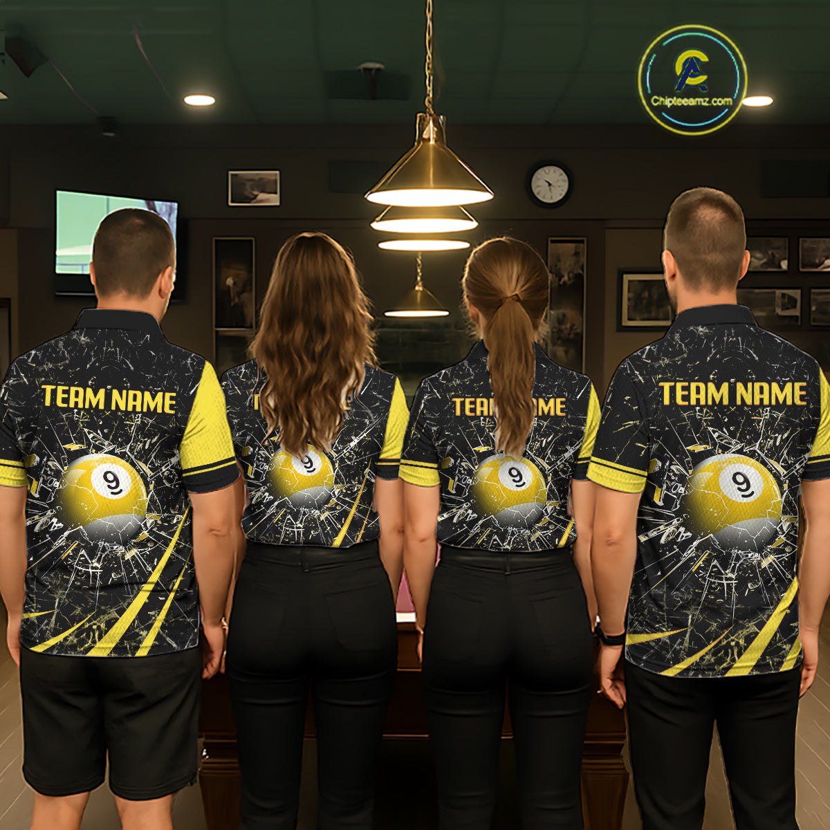 Black And Yellow 8 Ball & 9 Ball Glass Break Billiard Shirt For Men Custom Pool Team Jersey TDM5643