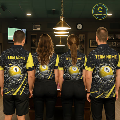 Black And Yellow 8 Ball & 9 Ball Glass Break Billiard Shirt For Men Custom Pool Team Jersey TDM5643
