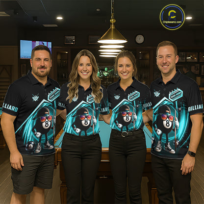 Turquoise Funny 8 Ball Billiard Shirt For Men Custom Pool Team Shirt, Billiard Jersey Polo, 1/4 Zip TDM5644