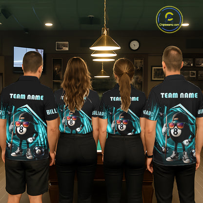 Turquoise Funny 8 Ball Billiard Shirt For Men Custom Pool Team Shirt, Billiard Jersey Polo, 1/4 Zip TDM5644