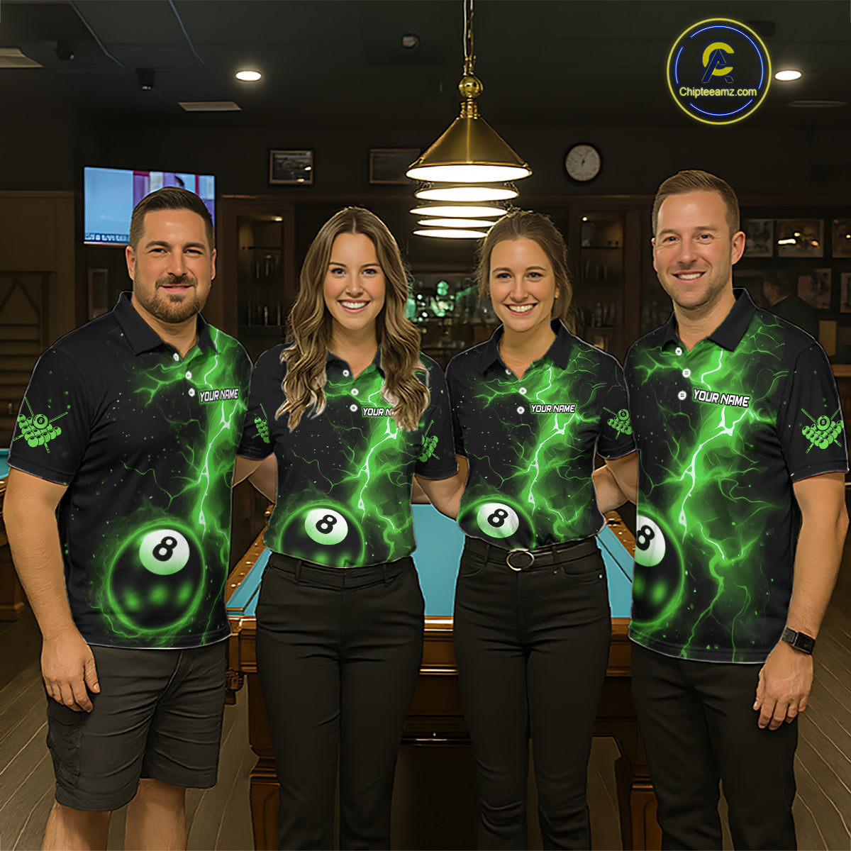Green 8 Ball Thunder Lightning Billiard Shirt For Men Custom Pool Team Jersey Polo & 1/4 Zip TDM6259