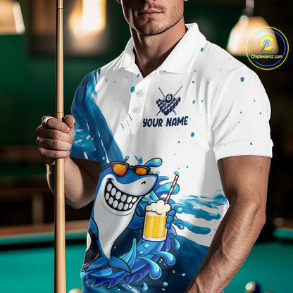 Man wearing blue and white funny shark 8 ball pool billiard polo shirt front view.