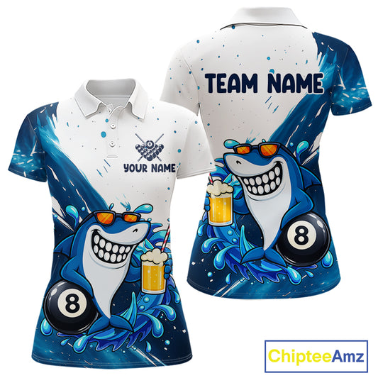 Blue and white funny shark 8 ball pool billiard team jersey polo shirt for women, custom pool league apparel and tournament jersey.
