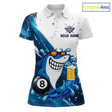 Load image into Gallery viewer, Blue and white funny shark 8 ball pool billiard team jersey polo shirt for women, custom pool league apparel and tournament jersey.