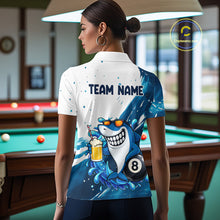 Load image into Gallery viewer, Woman wearing blue and white funny shark 8 ball pool billiard polo shirt back view.