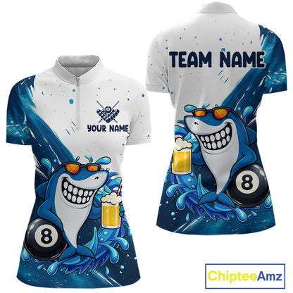 Blue and white funny shark 8 ball pool billiard quarter zip shirt for women, personalized billiard team jersey.