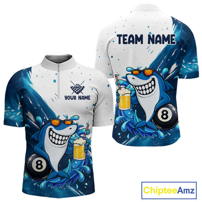 Blue and white funny shark 8 ball pool billiard quarter zip shirt for men, personalized billiard team jersey.