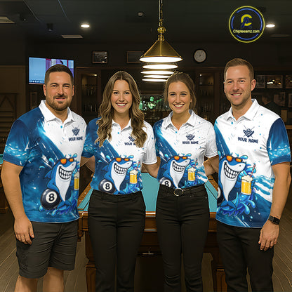 Billiard team wearing matching blue and white funny shark 8 ball pool jerseys front view.