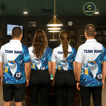 Billiard team wearing matching blue and white funny shark 8 ball pool jerseys back view.