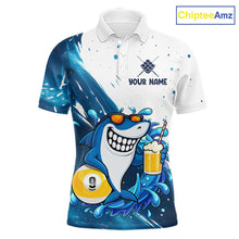 Load image into Gallery viewer, Blue and white funny shark 9 ball pool billiard team jersey polo shirt for men, custom pool league apparel and tournament jersey.